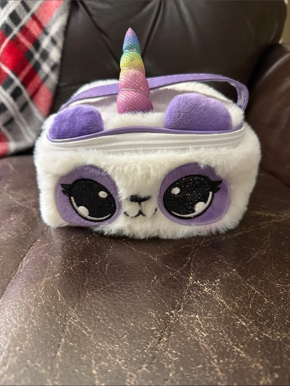 Claire's White & Purple Plush Unicorn Panda Kids Bag with Rainbow Horn